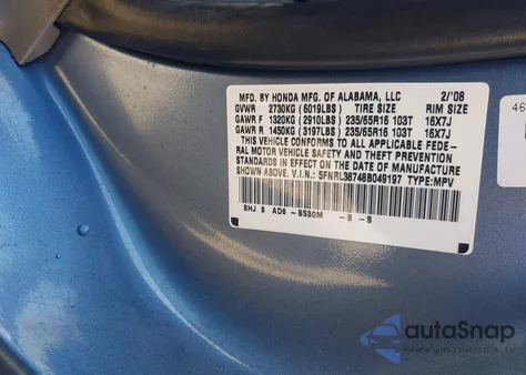 2008 Honda Odyssey Ex-L из США, поврежденный, VIN 5FNRL38748B049197